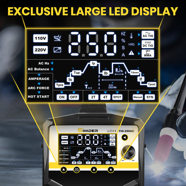 SSIMDER TIG-250 AC TIG Welder With Smart Synergic AC/DC TIG, AC/DC Pulse TIG, Spot TIG, Stick