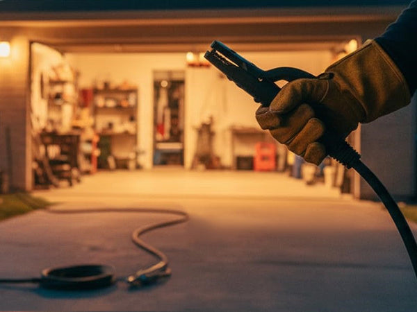 A gloved hand holds a welding clamp connected to a welding cable in front of a blurred garage interior at night.